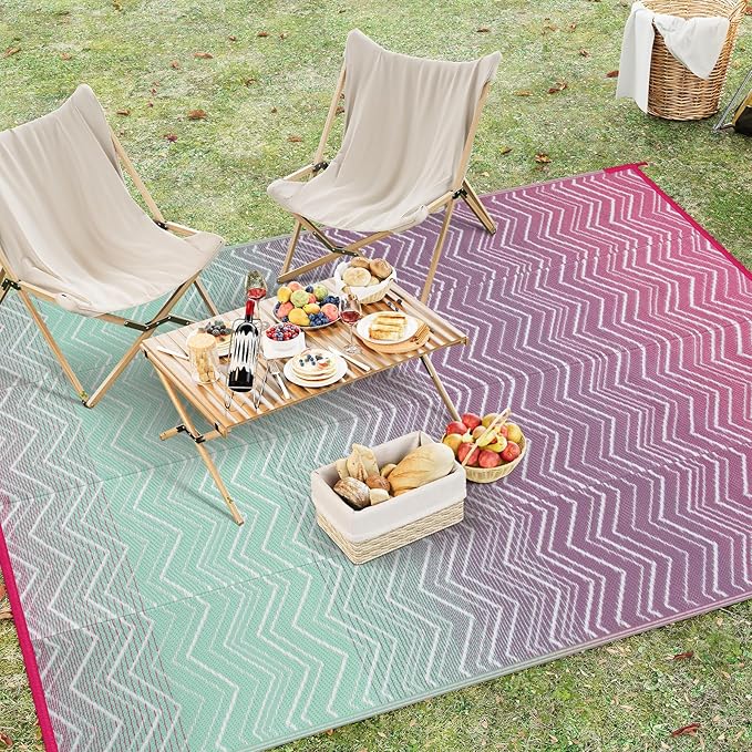 Lahome Outdoor Plastic Straw Rug, Reversible Outdoor Rug Waterproof 6x9 Patio Rugs, Camping Rugs for RV Backyard Deck Porch Picnic Beach Trailer (Pink/Green, 6' x 9')