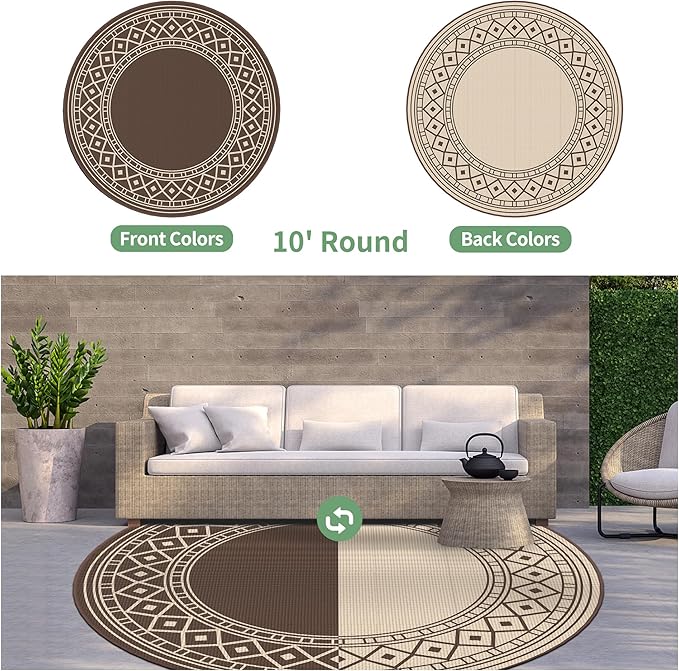 GENIMO Outdoor Rug Waterproof for Patio Decor, Round 10' Foldable Reversible Plastic Straw Carpet, Outside Area Mat for Rv, Deck, Picnic, Porch, Camper, Balcony, Beach, Coffee & Brown