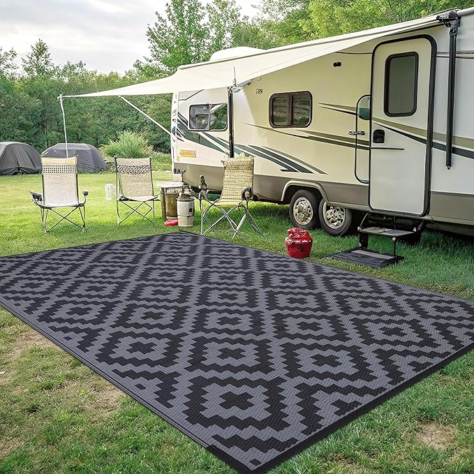 Smiry Waterproof Outdoor Rug 8x10 ft, Reversible Plastic Straw Patio Camping Rugs, Outdoor Indoor RV Mat Carpet for Patio, Outside Entry, Backyard, Deck, Bench, Picnic, Camper, Black & Grey