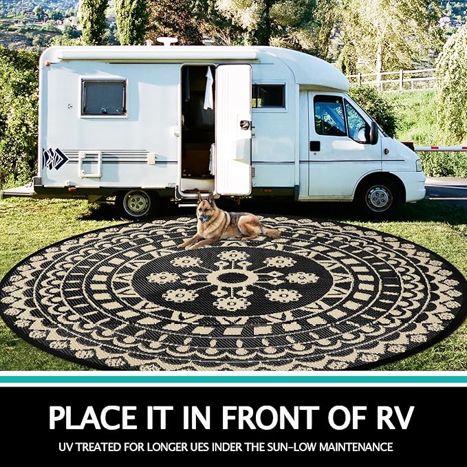 Capslpad 10Ft Round Outdoor Rug for Patio Reversible Mat Waterproof Plastic Straw Rug Boho Circle Indoor Outside Area Rug for RV Camping Picnic Pool Tent Balcony Beach Deck Doormats Decor, Beige