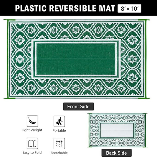 Outdoor Rug 8x10 Patio Waterproof Mat Camping Carpet Outside Area Rug Reversible Green Rugs for RV Deck Entryance Porch Picnic Balcony Beach