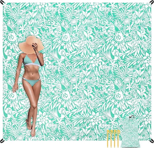 Beach Blanket, Waterproof Sandproof Beach Mat with 4 Stakes & 4 Pockets, 78''×86'' Large Compact Lightweight Sand Free Outdoor Essentials for Beach, Picnic, Travel, Camping