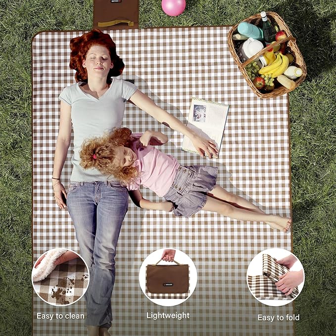 Picnic Blanket Outdoor Extra Large Picnic Mat 80"X60" Camping Blanket Beach Blanket Foldable Waterproof Sand Mat Hiking Travel Family Concerts(Brown)