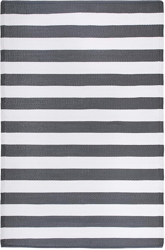 FH Home Outdoor Rug - Waterproof, Fade Resistant, Crease-Free - Premium Recycled Plastic - Geometric - Patio, Porch, Deck, Balcony - Brittany Stripe - Gray & White - 5 x 8 ft