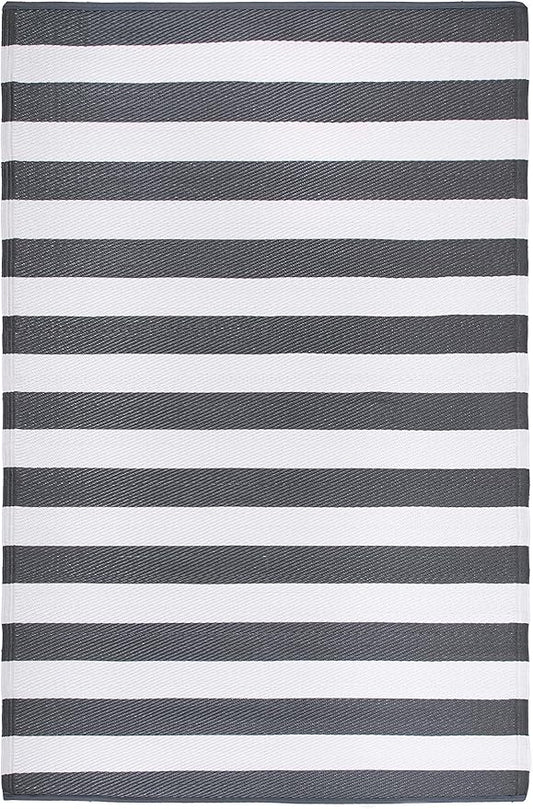 FH Home Outdoor Rug - Waterproof, Fade Resistant, Crease-Free - Premium Recycled Plastic - Geometric - Patio, Porch, Deck, Balcony - Brittany Stripe - Gray & White - 5 x 8 ft