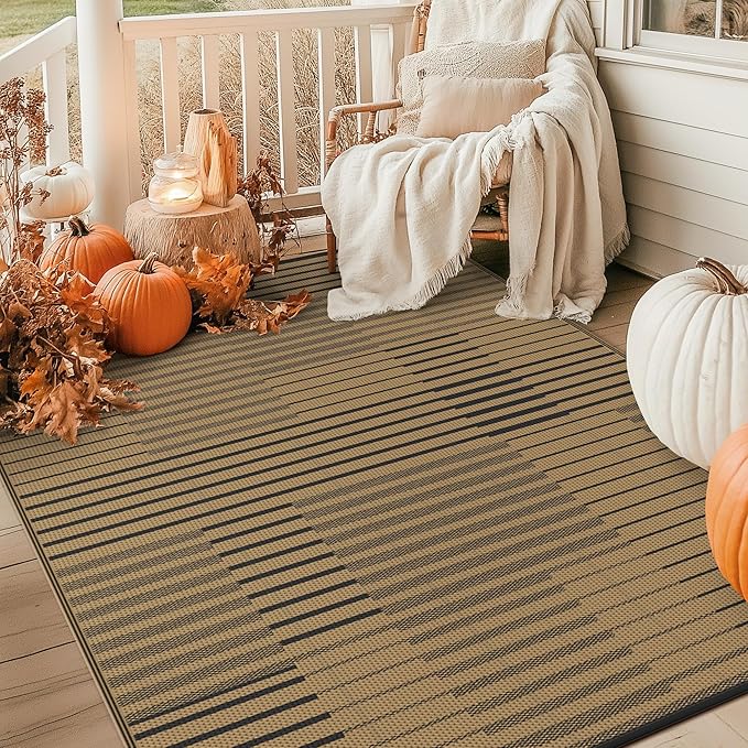 GENIMO Outdoor Rug for Patio Clearance, 8'x10' Waterproof Camping Mat, Reversible Plastic Straw Rugs for RV, Camper, Balcony, Backyard, Picnic, Deck (Black Brown)