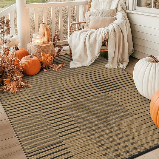 GENIMO Outdoor Rug for Patio Clearance, 8'x10' Waterproof Camping Mat, Reversible Plastic Straw Rugs for RV, Camper, Balcony, Backyard, Picnic, Deck (Black Brown)