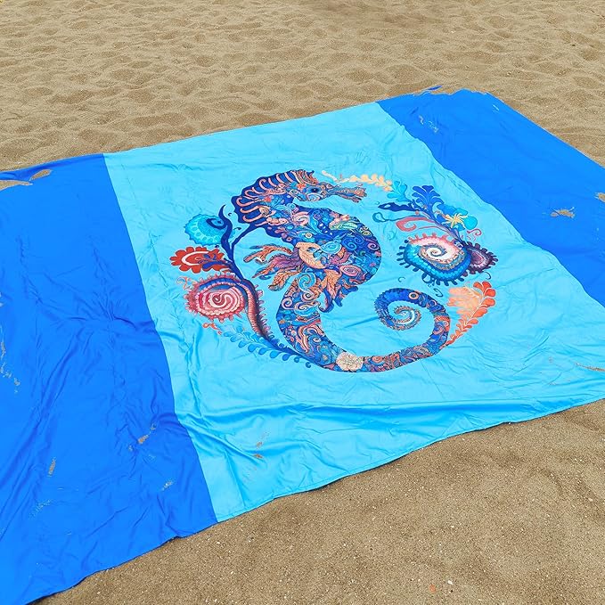 Large Beach Blanket Waterproof Sandproof 79"x 83" for 1-4 Adults,Quick Drying Beach Mat,Lightweight & Durable,Beach Essentials for Family Beach Camping Travel Picnic (Sea Horse)