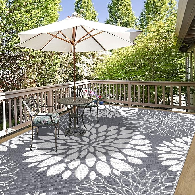 Ileading Reversible Outdoor Rug 6x9Ft Waterproof Patio Rug Carpet Portable Outdoor Plastic Straw Rug Large RV Camping Mat Rug for Patio, Clearance, Deck, Beach, Porch, Camping, Picnic, Flower Grey