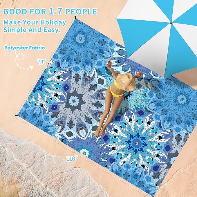 BYDOLL Beach Blanket Waterproof Sandproof 78''×110'' Suits1-7 Adults Compact Lightweight Oversized Sand-Free Blanket Large Picnic Mat for Beach Travel Camping Hiking