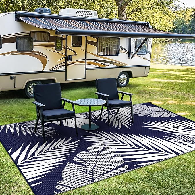 Outdoor Rug 4' x 6' for Patio Waterproof Clearance, Reversible Indoor Outdoor Plastic Straw Camping Rug Carpet, RV Mat, Large Area Rug for Deck, Backyard, Balcony, Porch, Navy Blue and White