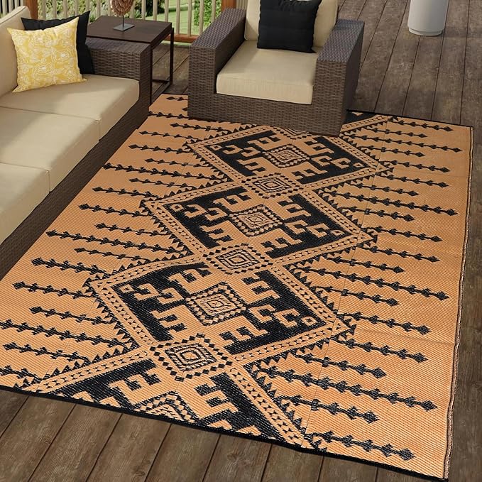 LILIOFFIC Outdoor Rugs for Patio Clearance - 5'x8' Waterproof Reversible Indoor Outdoor Rug Carpet, Portable Outdoor Plastic Straw Rug for RV Camping, Picnic, Beach, Porch, Deck, Black & Brown