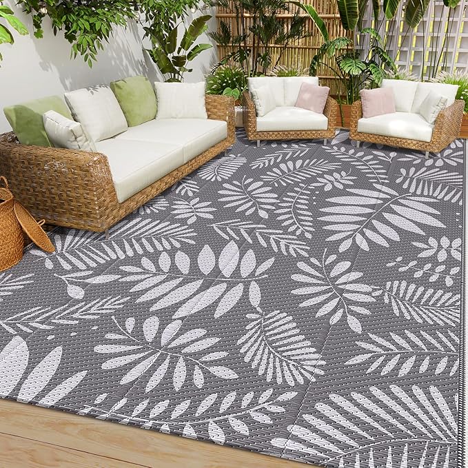 Outdoor Rug, Patio Rug, Plastic Straw Camping Rugs, Large Waterproof Area Rug and Mat for Outdoors, RV, Patio, Backyard, Deck, Porch, Beach, Balcony, (6'x 9', White&Gray)