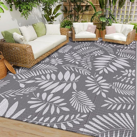 Outdoor Rug, Patio Rug, Plastic Straw Camping Rugs, Large Waterproof Area Rug and Mat for Outdoors, RV, Patio, Backyard, Deck, Porch, Beach, Balcony, (6'x 9', White&Gray)