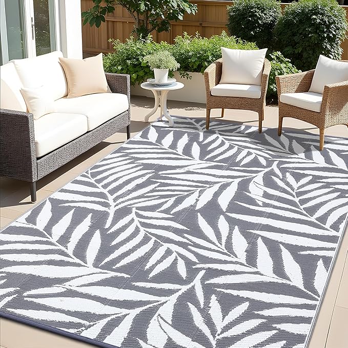 OLANLY Waterproof Outdoor Rug 8x10 ft, Reversible Outdoor Plastic Straw Rug with Leaf Pattern, RV Mat, Indoor Outdoor Carpet for Patio, Camping, Balcony, Deck, Backyard, Grey & White