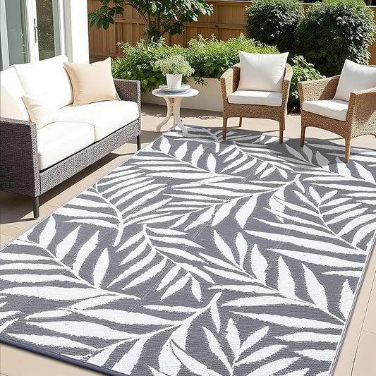 OLANLY Waterproof Outdoor Rug 8x10 ft, Reversible Outdoor Plastic Straw Rug with Leaf Pattern, RV Mat, Indoor Outdoor Carpet for Patio, Camping, Balcony, Deck, Backyard, Grey & White