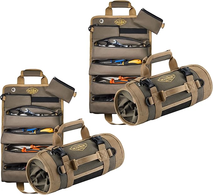 The Ryker Roll Up Tool Bag Organizer Gifts for him (2-pack) Heavy Duty Small Motorcycle Tool Roll Bag Organizer Portable Rollup Toolbag w/Detachable Pouches Mens gifts for Dad, Mechanic & Hobbyist