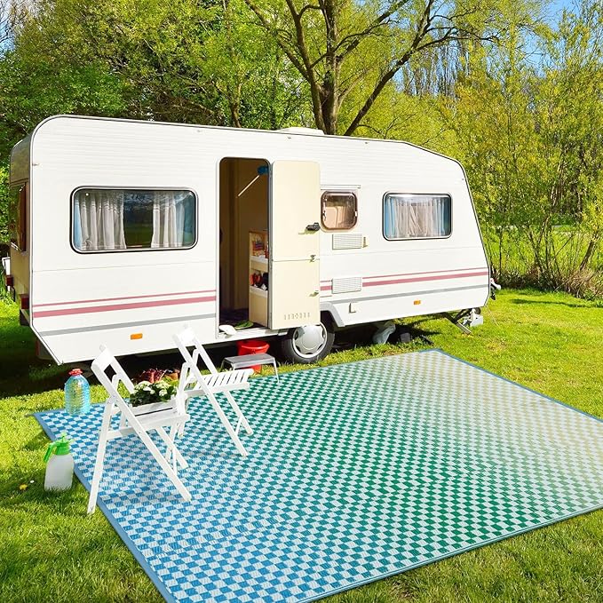 Wonnitar Waterproof 9x12 Outdoor Rug - Blue Yellow Gradient Geometric Patio Rug, Extra Large Plastic Straw Carpet for Balcony Beach Garden Deck, Reversible Outdoor RV Camping Mat