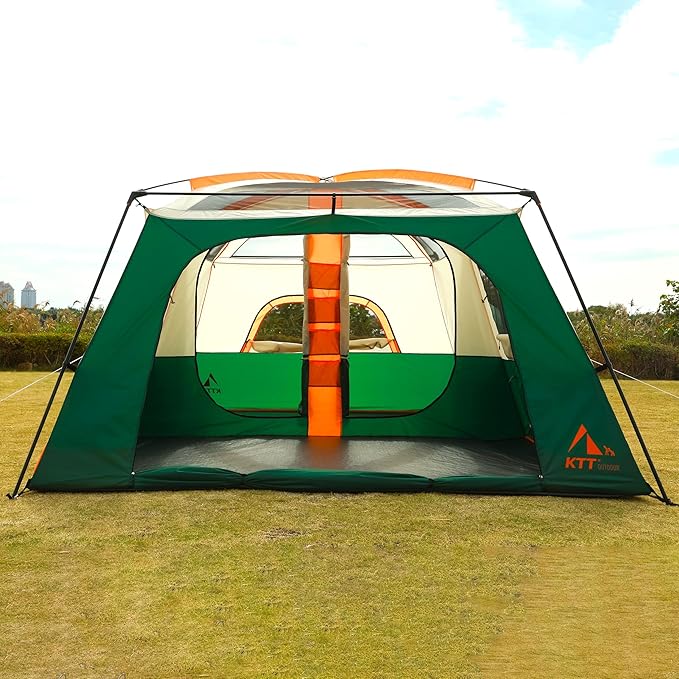 KTT Extra Large Tent 12 Person,2 Bay-Windows,Family Cabin Tents,14'Lx10'Wx6.58'H,2 Rooms and 3 Doors 3 Windows with Mesh,Waterproof,Straight Wall,Big Tent for Outdoor,Picnic,Camping,Gathering