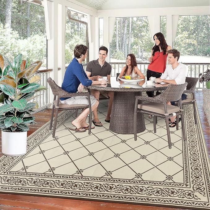 HiiARug Outdoor Rugs 9x12 for Patios Clearance Brown Camping Rug for RV Outside, Reversible Waterproof Plastic Straw Rug Large Outdoor Rug for Porch Beach Picnic Camper