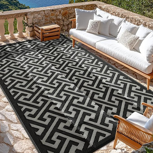 Waterproof Outdoor Rug 6x9 ft, Reversible Plastic Straw Rug, Easy to Clean Patio Rug, Portable Carpet for Patio, RV, Deck, Balcony, Backyard, Picnic, Beach, I-Shaped, Black