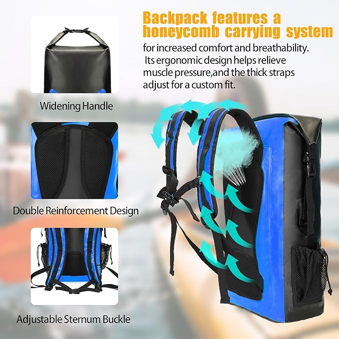 8 Fans Waterproof Backpack 40L,Floating Dry Bag with Phone Case,Roll Top Closure Waterproof Bag for Kayak Boating Sailing Canoeing Rafting Fishing Camping Blue