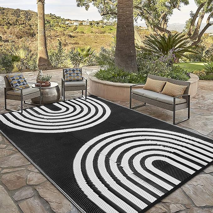 Anidaroel Outdoor Area Rug for Patio Clearance 8x10ft Waterproof, Reversible Plastic Straw Rug Outside Rug, RV Mat for Camping, Porch, Balcony, Pool Deck(Black&White, 8‘x10')