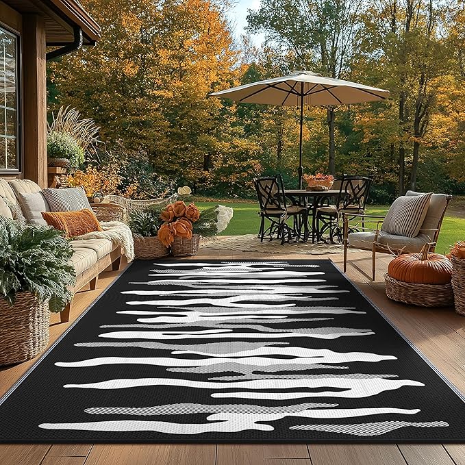 GENIMO Outdoor Rug for Patio Clearance, 8'x10' Waterproof Camping Mat, Reversible Plastic Straw Rugs for RV, Camper, Balcony, Backyard, Picnic, Deck (Black&White)