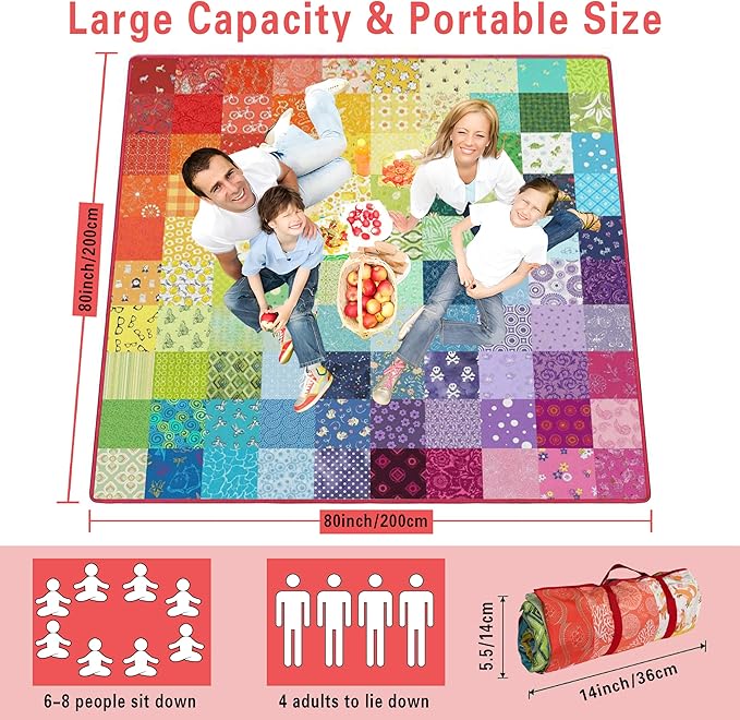 Extra Large Picnic Blankets Waterproof Foldable (80"x 80") Boho Beach Blanket Waterproof Sandproof,3-Layer Thicking Mat Outdoor Packable Camping Blanket