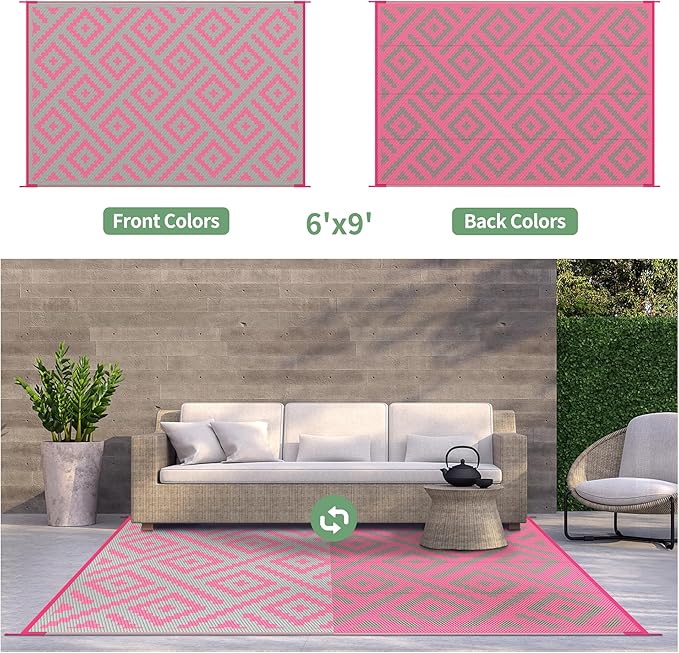 GENIMO Outdoor Rug for Patio Clearance, 6'x9' Reversible Plastic Straw Rugs, Lightweight Waterproof RV Camping Mat for Camper, Balcony, Deck, Backyard, Picnic, Pink & Grey