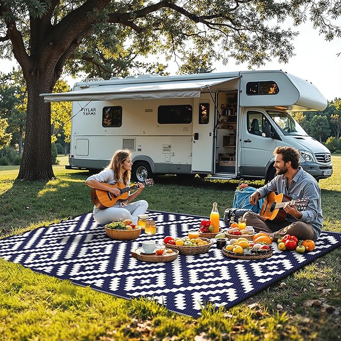 Outdoor Rug for Patio - Waterproof Plastic Straw Camping Rugs 9x12 ft, Reversible Outdoor Indoor RV Mat Carpet for Patio, Porch, Deck, Balcony, Picnic, Beach, Blue White