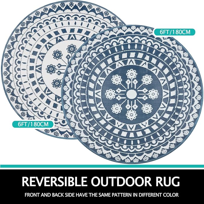 Capslpad 6Ft Round Outdoor Rug for Patios Clearance Reversible Mat Plastic Straw Patio Rugs Lightweight RV Camping Mat Circle Outside Area Rug Carpet for Balcony Deck Trailer Picnic,Blue