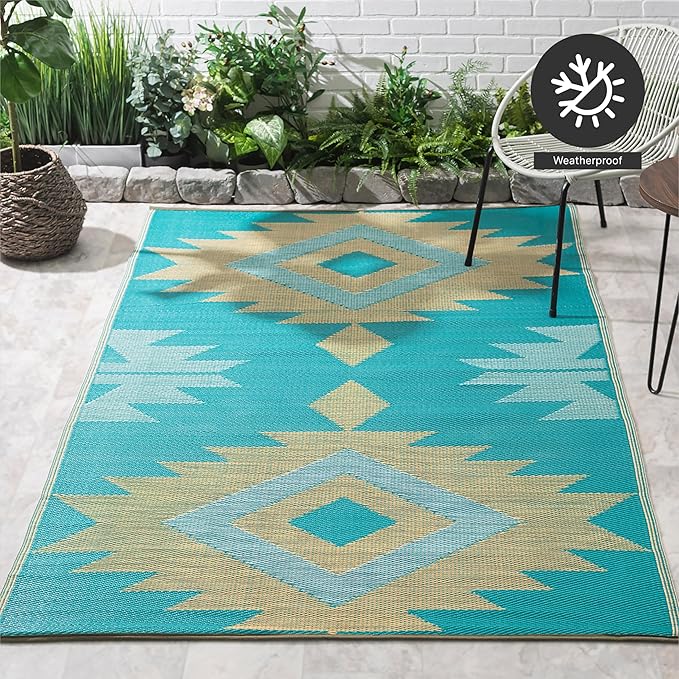 FH Home Outdoor Rug - Waterproof, Fade Resistant, Reversible - Premium Recycled Plastic - Geometric - Patio, Deck, Porch, Balcony - Bursa Kilim - Teal Crease Free - 6 x 9 ft