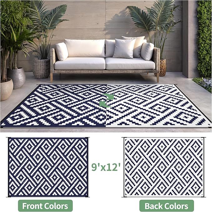 Outdoor Rug for Patio - Waterproof Plastic Straw Camping Rugs 9x12 ft, Reversible Outdoor Indoor RV Mat Carpet for Patio, Porch, Deck, Balcony, Picnic, Beach, Blue White