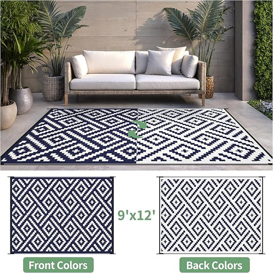 Outdoor Rug for Patio - Waterproof Plastic Straw Camping Rugs 9x12 ft, Reversible Outdoor Indoor RV Mat Carpet for Patio, Porch, Deck, Balcony, Picnic, Beach, Blue White