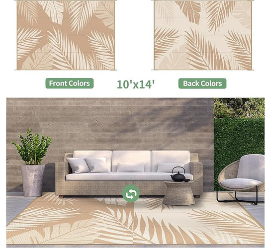 GENIMO Outdoor Rug 10' x 14' Waterproof for Patios Clearance, Reversible Outdoor Plastic Straw Camping Rug Carpet, Large Area Rugs Mats for RV, Camper, Deck, Balcony, Porch, Beach, Brown&Beige