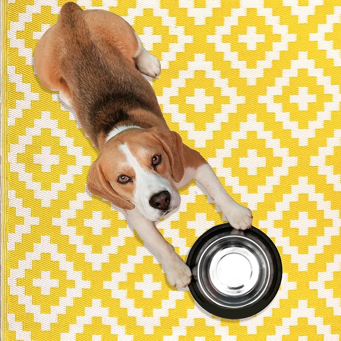 FH Home Outdoor Rug - Waterproof, Fade Resistant, Reversible - Premium Recycled Plastic - Geometric - Porch, Deck, Balcony, Mudroom, Laundry Room, Patio - Aztec - Yellow & White Crease Free - 3 x 5 ft