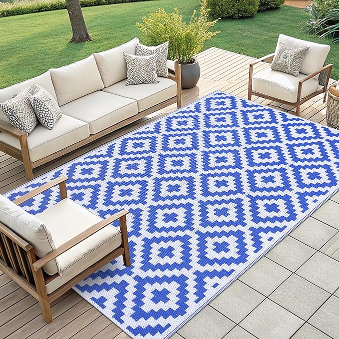 Smiry Waterproof Outdoor Rug 9x12 ft, Reversible Plastic Straw Patio Camping Rugs, Outdoor Indoor RV Mat Carpet for Patio, Outside Entry, Backyard, Deck, Bench, Picnic, Camper, White & Blue