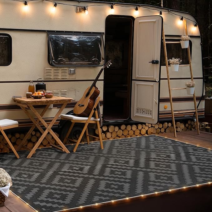 GENIMO Outdoor Rug with LED Strip Lights, 8'x10' Waterproof Camping Mat, Reversible Plastic Straw Rugs for Patio, RV, Camper, Balcony, Backyard, Picnic, Deck, Black & Gray