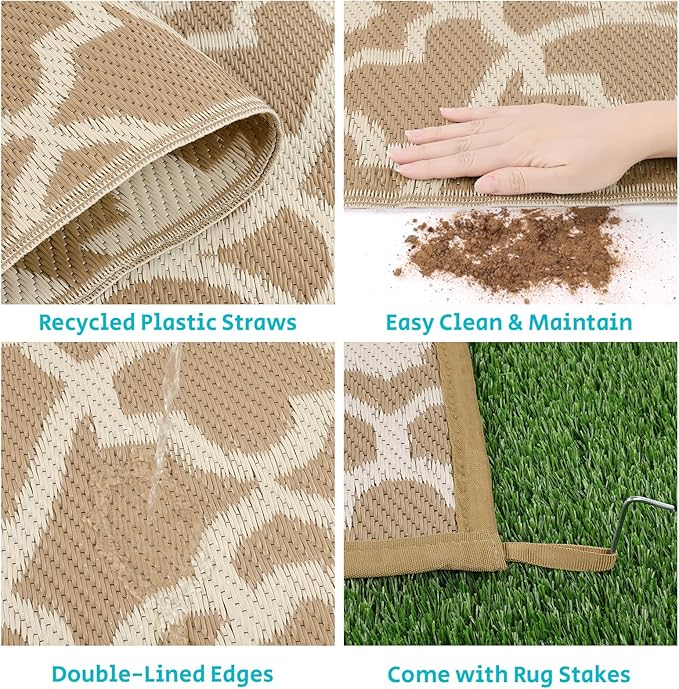 HEBE Outdoor Rug 9'x12' for Patios Waterproof Clearance Reversible Patio Mat Plastic Straw Rug RV Camping Mat Outside Area Rug Carpet for Camping RV,Porch,Deck,Balcony,Camper,Backyard