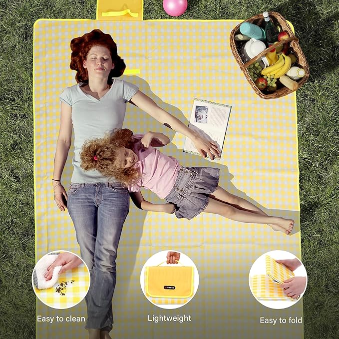 Picnic Blanket Outdoor Extra Large Picnic Mat 80"X60" Camping Blanket Beach Blanket Foldable Waterproof Sand Mat Hiking Travel Family Concerts(Yellow)