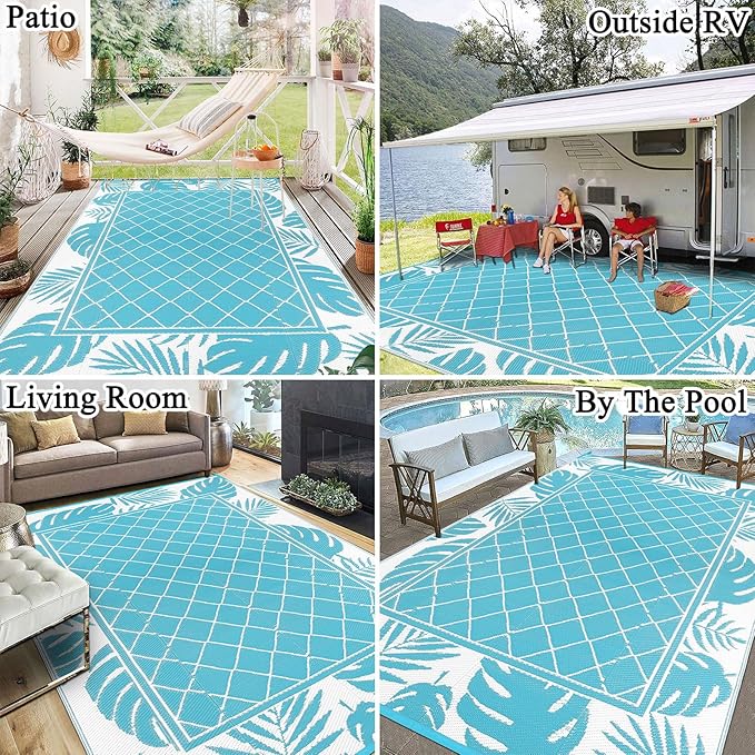 Ileading Outdoor Rug Carpet for Patio 6' x9' Waterproof Reversible Plastic Straw Rug Portable Outside Area Rug Camping Mat for Patio, Clearance, Balcony, Picnic, Pool, Beach, RV, Deck, Leaf Teal