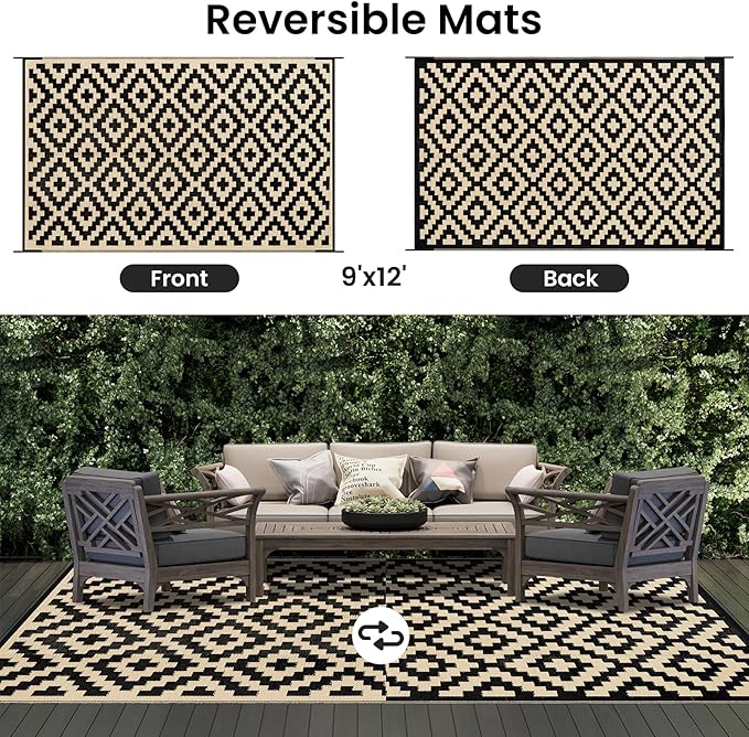 Smiry Waterproof Outdoor Rug 9x12 ft, Reversible Plastic Straw Patio Camping Rugs, Outdoor Indoor RV Mat Carpet for Patio, Outside Entry, Backyard, Deck, Bench, Picnic, Camper, Black & Beige