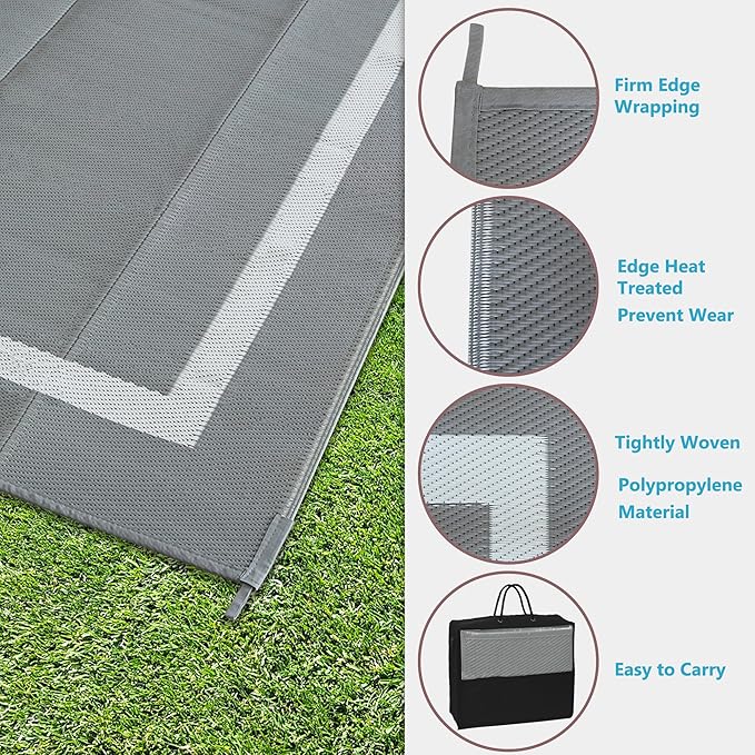 Ogrmar 9x12 FT Reversible Mats, Outdoor Rug for Patio Clearance, Waterproof Carpet, Plastic Straw Rug for Indoor Outdoor, Floor Mat&Rug for RV Porch Camping Backyard Deck Balcony Beach Trailer (Gray)