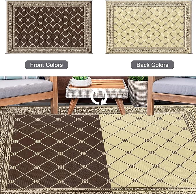 HiiARug Reversible Patio Floor Mat 5x8 Plastic Straw RV Camping Rug Reversible Large Mats for Outdoor, Patio, Backyard, Deck, Picnic, Beach, Trailer, Camping (Brown)