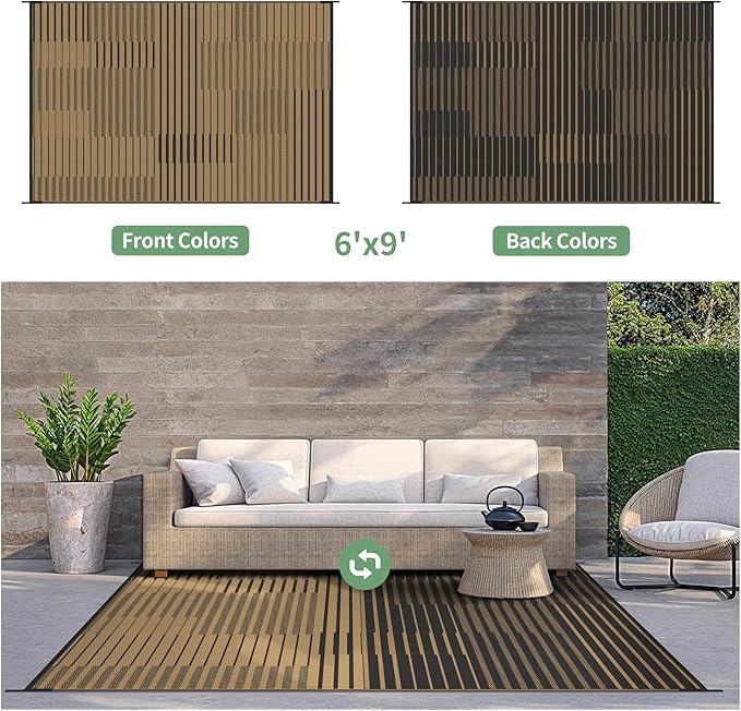 GENIMO Outdoor Rug for Patio Clearance, 6'x9' Waterproof Camping Mat, Reversible Plastic Straw Rugs for RV, Camper, Balcony, Backyard, Picnic, Deck (Black Brown)