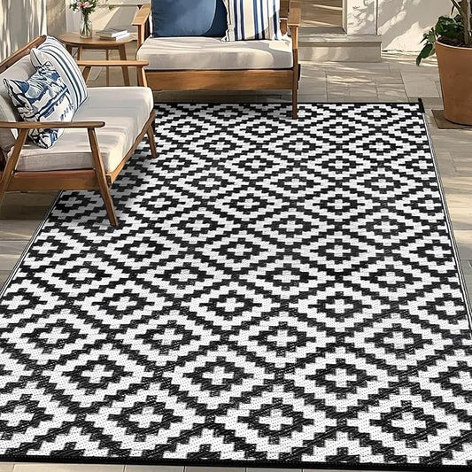Outdoor Patio Plastic Straw Rug - 6'x9' Outdoor Camping Rug Waterproof Reversible, Area Carpet Patios Clearance RV, Outside Porch Balcony Deck for Camper, Black & White