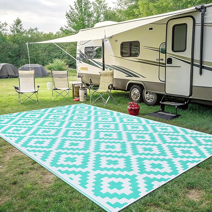 Smiry Waterproof Outdoor Rug 8x10 ft, Reversible Plastic Straw Patio Camping Rugs, Outdoor Indoor RV Mat Carpet for Patio, Outside Entry, Backyard, Deck, Bench, Picnic, Camper, White & Teal