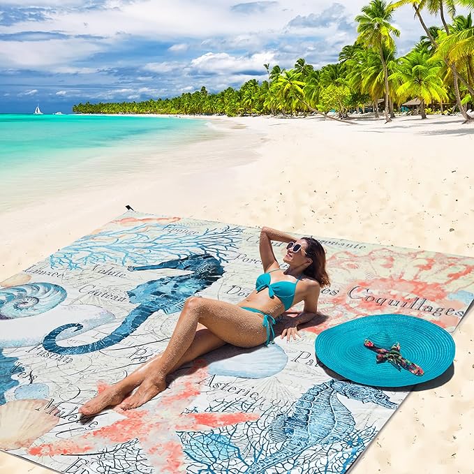 Beach Blanket, Sandproof Beach Mat, Waterproof Quick Drying Lightweight Outdoor Aztec Picnic Mat 79" X 83" for 2-4 Adults with Pocket for Travel, Camping, Hiking