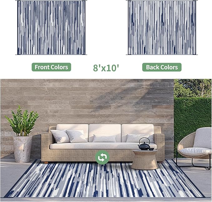 GENIMO Outdoor Rug for Patio Clearance, 8'x10' Waterproof Camping Mat, Reversible Plastic Straw Rugs for RV, Camper, Balcony, Backyard, Picnic, Deck (Blue White)